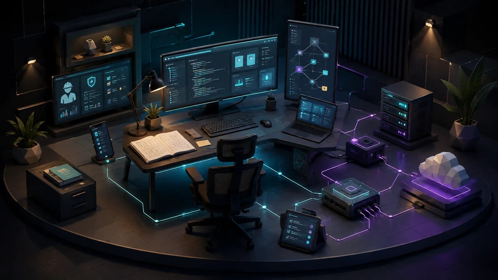 Illustration of a Kipeo workstation with connected screens showing interface, application, HSE and integration panels