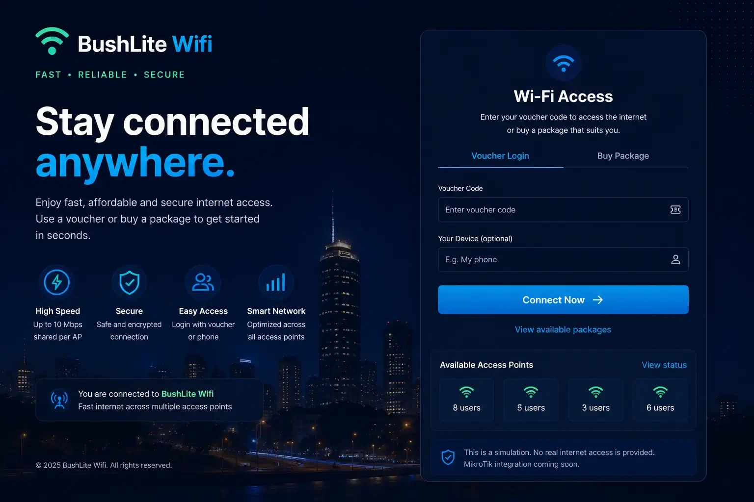 BushLite WiFi hotspot login portal