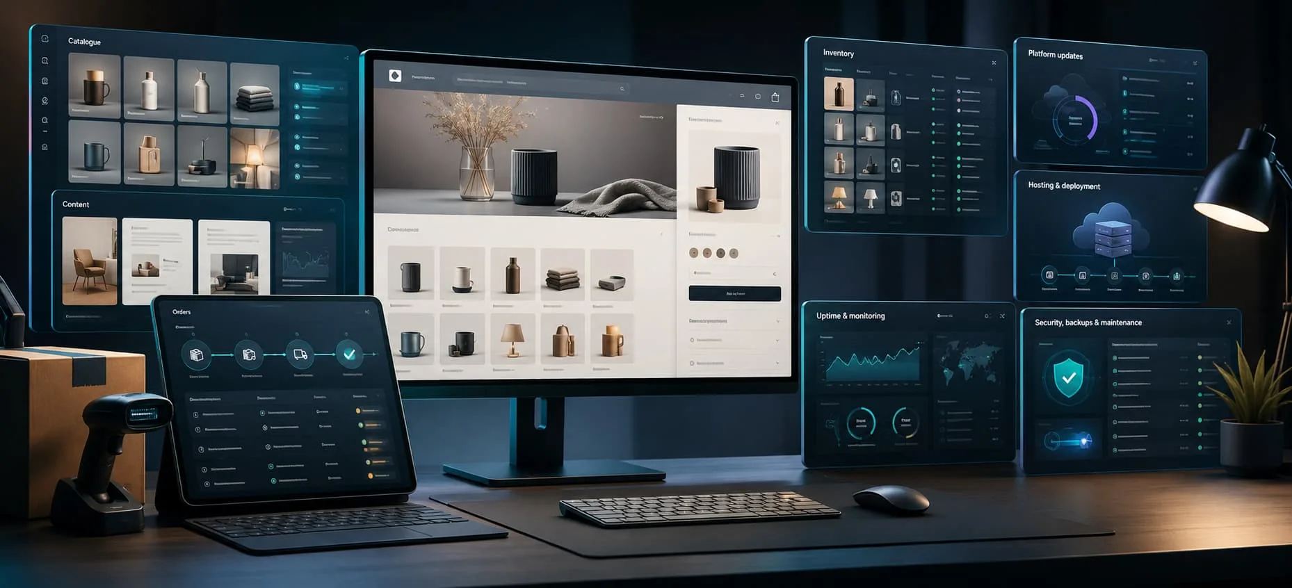 Concept render of an online store's multi-monitor commerce dashboard showing a product catalogue, inventory, orders, hosting and deployment, uptime monitoring, and security panels
