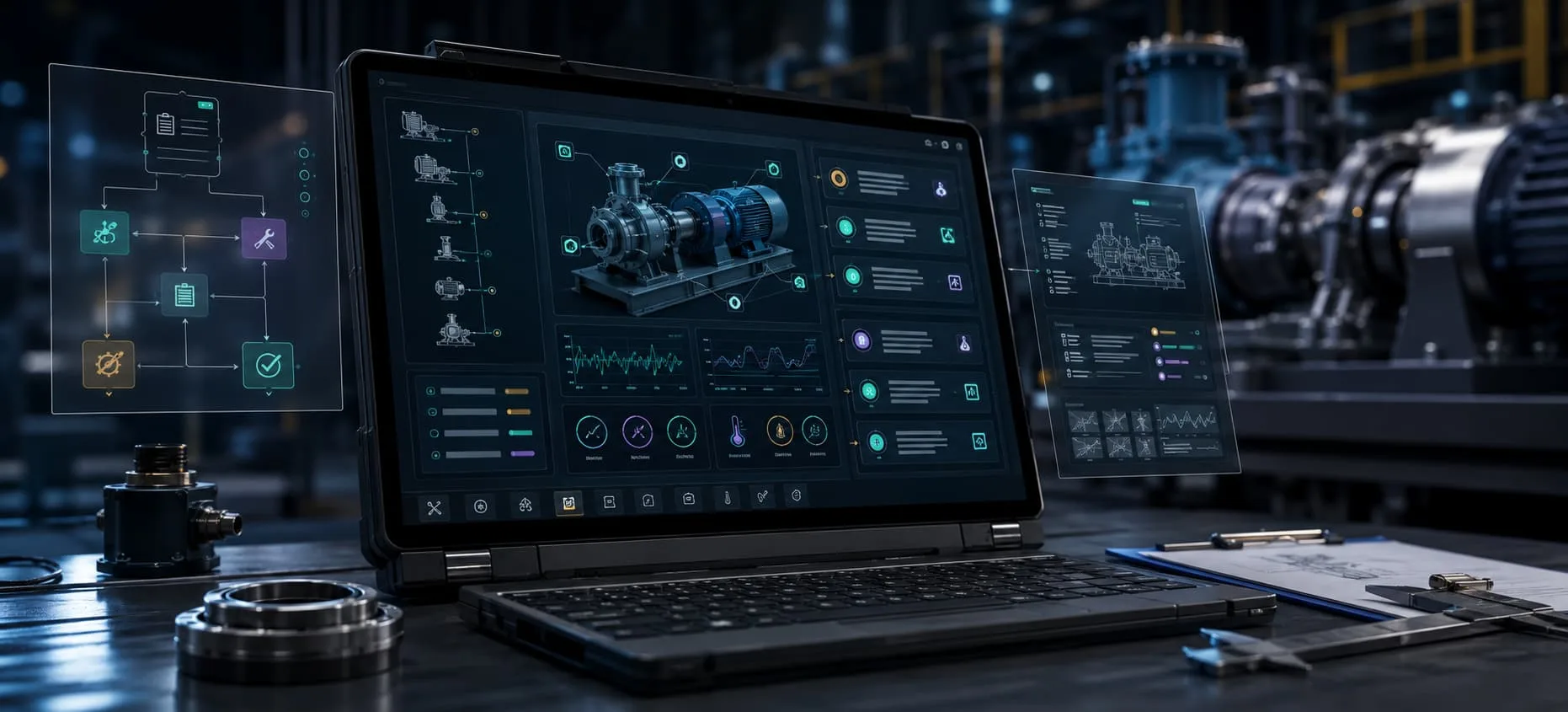 Concept render of an equipment-monitoring interface on a laptop showing a 3D pump/motor assembly with diagnostic overlays, sensor graphs and status readouts