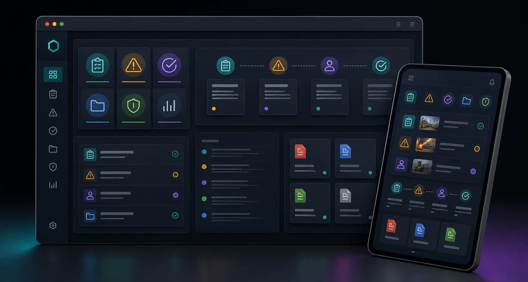 AI-generated concept render of an HSE management app shown across desktop and tablet, with inspection, alert and document panels