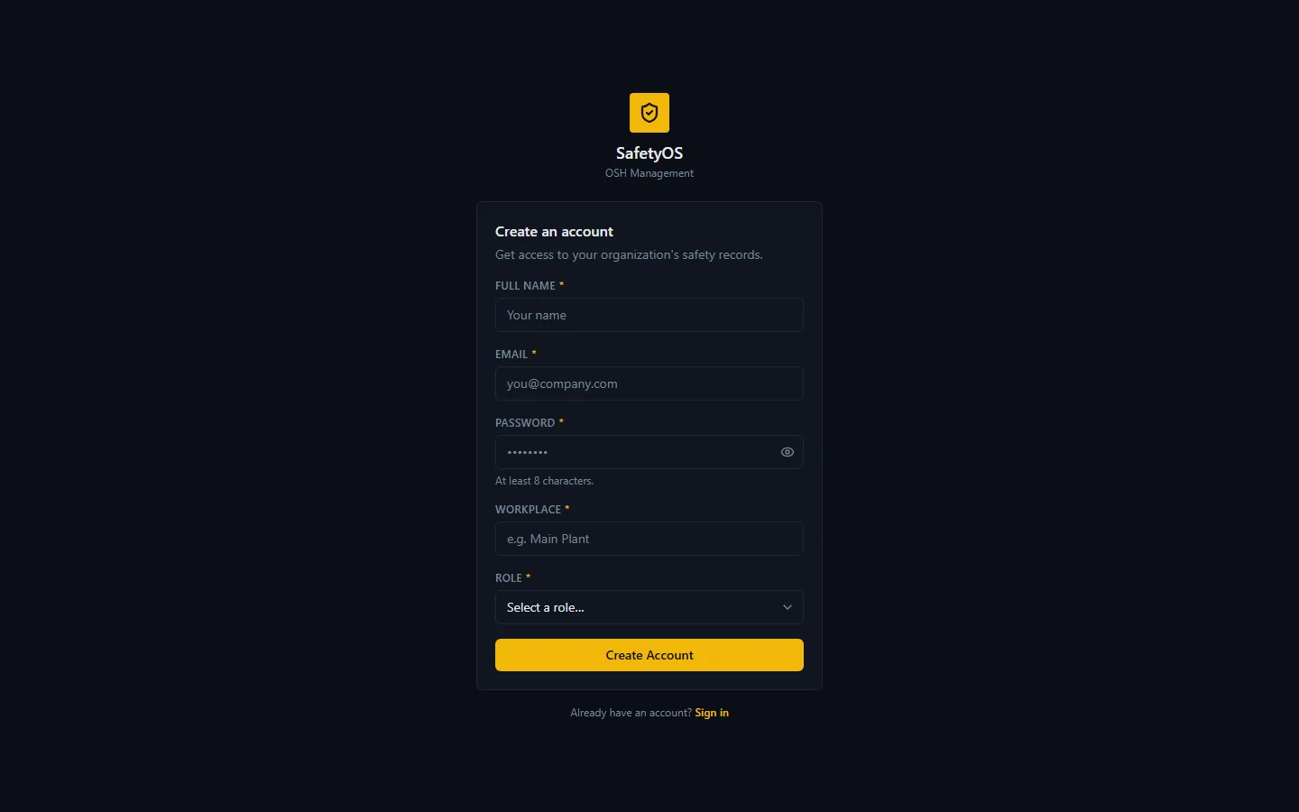 HSE Management System account-creation screen for SafetyOS