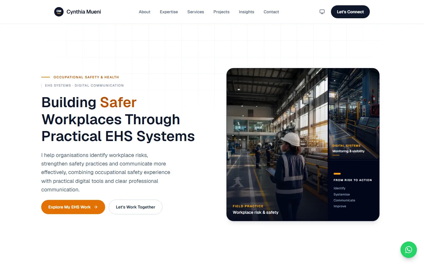 CynthiaMueni.com homepage, an occupational safety and EHS-systems professional site
