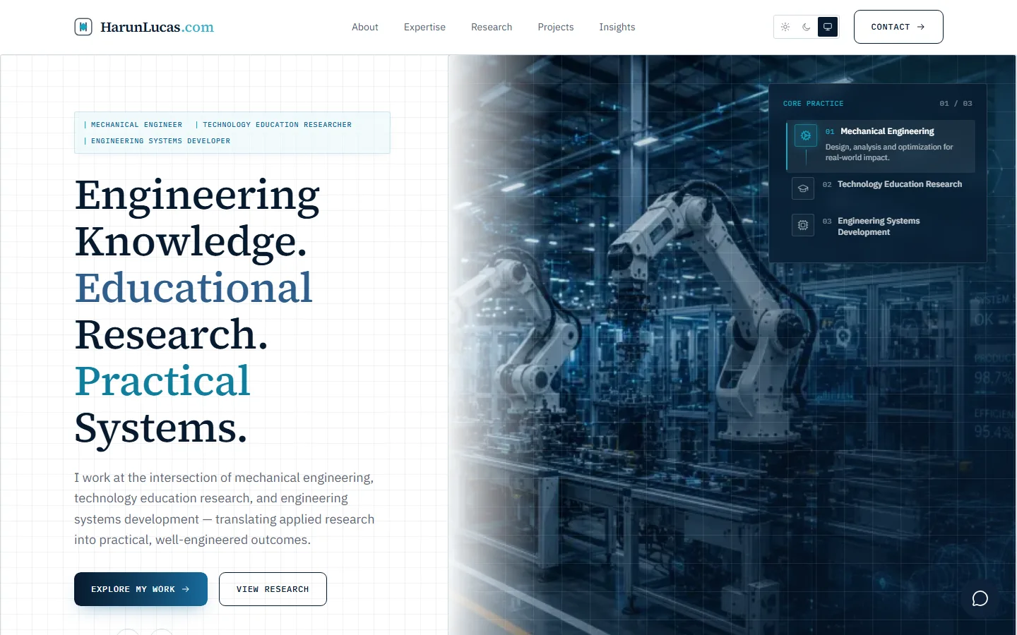 HarunLucas.com homepage, an engineering and systems-development portfolio site