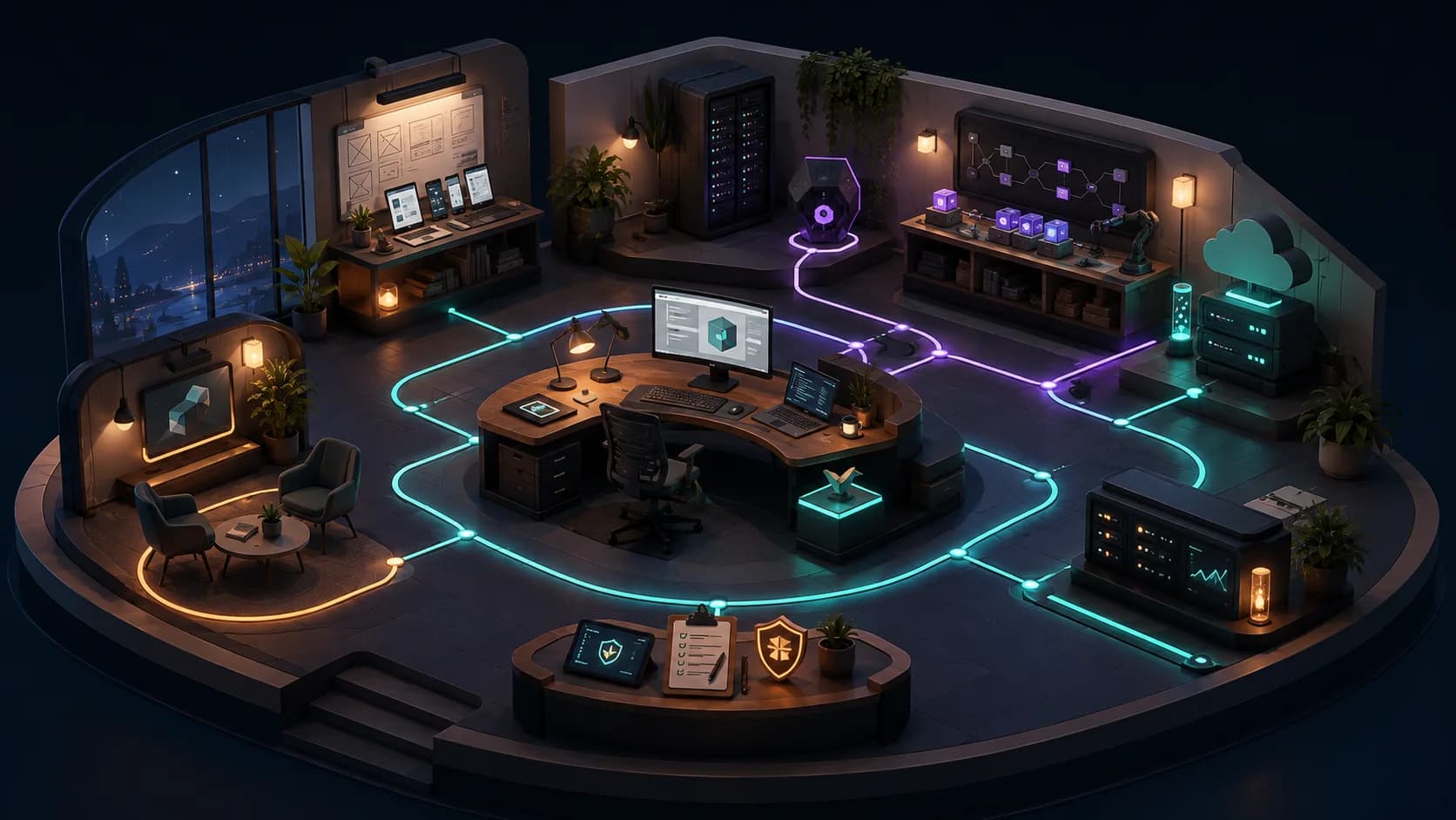 Isometric illustration of the Kipeo Studio: a connected digital workspace spanning design, application development, operational systems, integrations and deployment